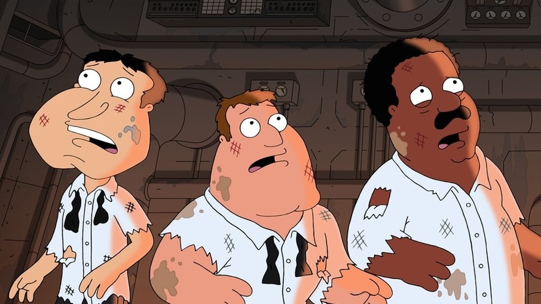 Quagmire, Joe, and Cleveland look up