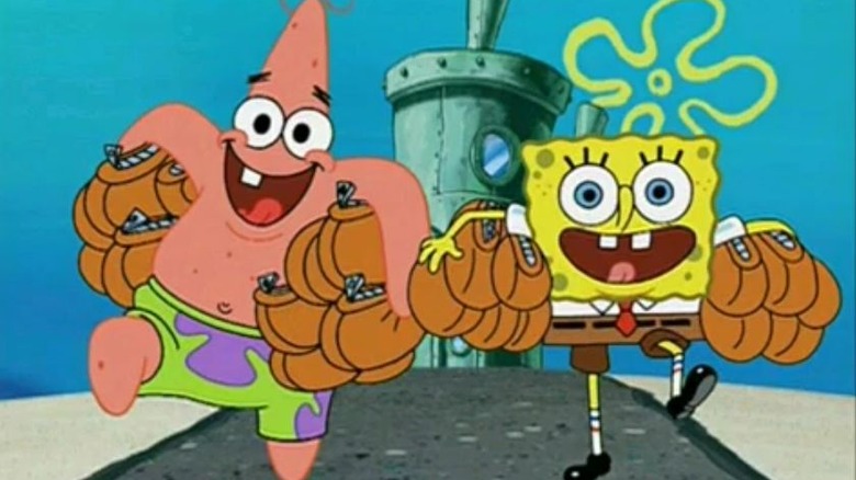 Spongebob and Patrick skipping