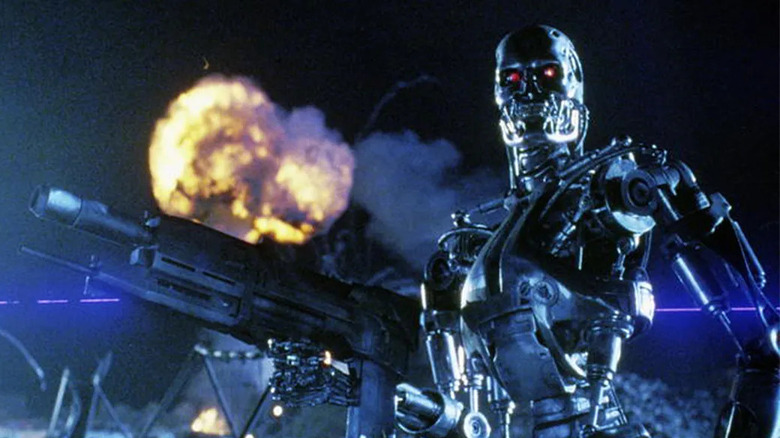 A T-1800 wields a laser rifle