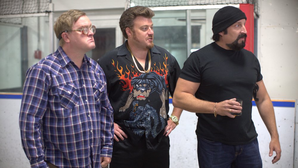 Mike Smith, Robb Wells, and John Paul Tremblay as Bubbles, Ricky, and Julian on Trailer Park Boys