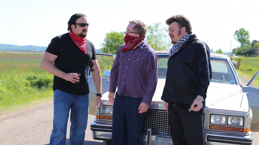 Mike Smith, Robb Wells, and John Paul Tremblay as Bubbles, Ricky, and Julian on Trailer Park Boys