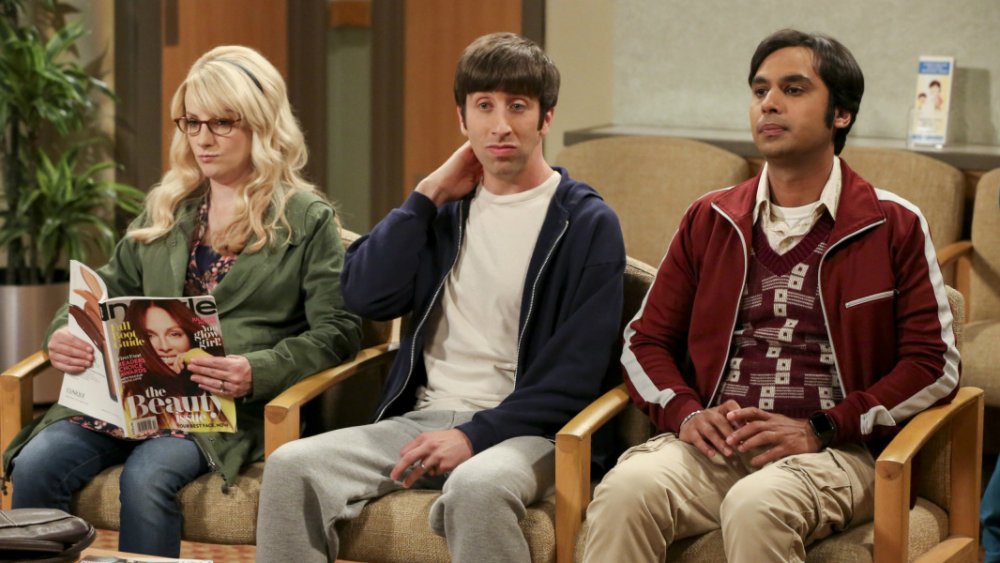 Melissa Rauch, Simon Helberg, and Kunal Nayyar as Bernadette, Howard, and Raj on The Big Bang Theory