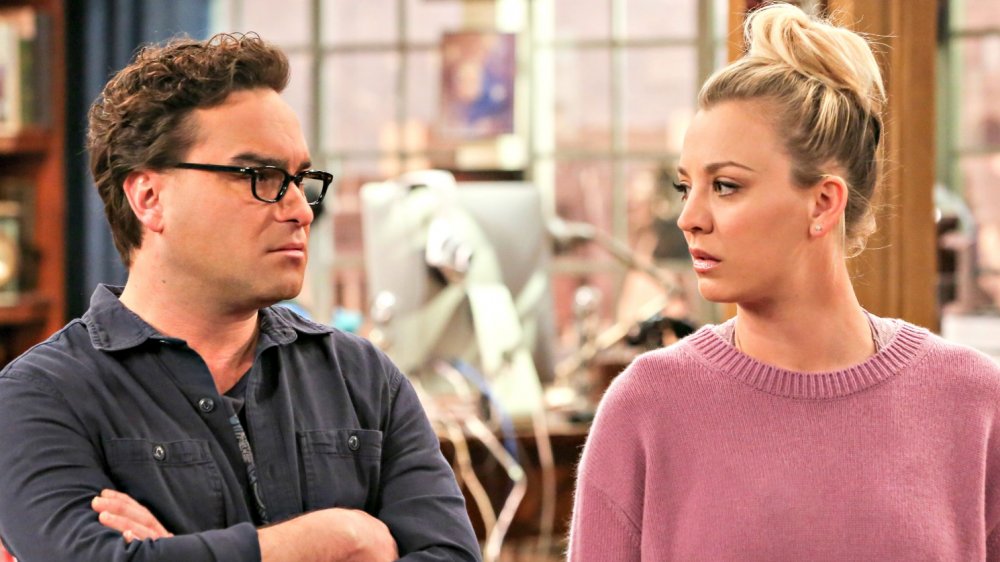 Kaley Cuoco and Johnny Galecki as Penny and Leonard on The Big Bang Theory