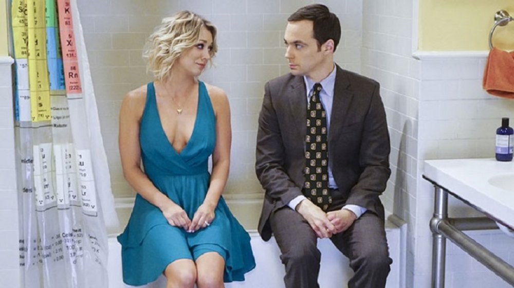 Kaley Cuoco and Jim Parsons as Penny and Sheldon on The Big Bang Theory