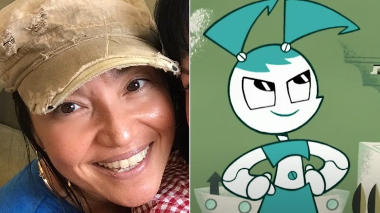 Voice actress Janice Kawaye next to her character