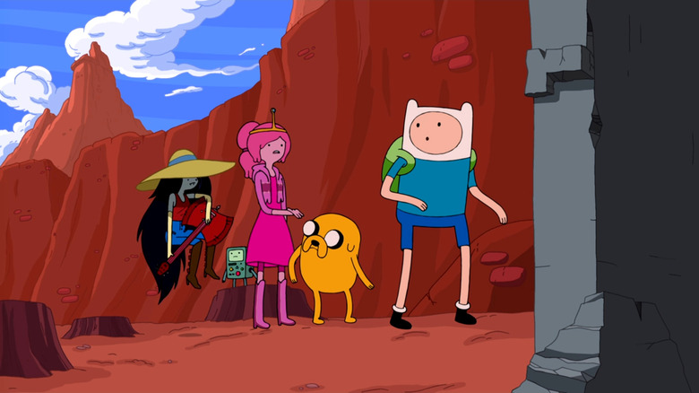 Marceline, Princess Bubblegum, BMO, Jake, and Finn looking worried