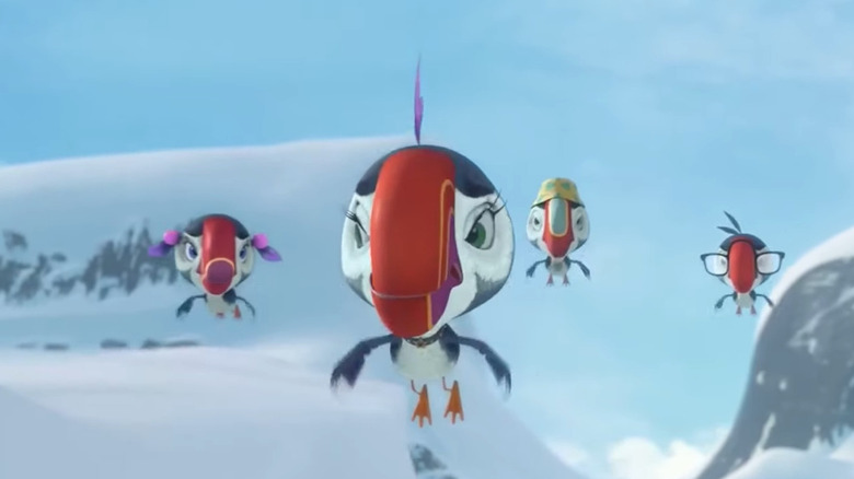 Puffins flying