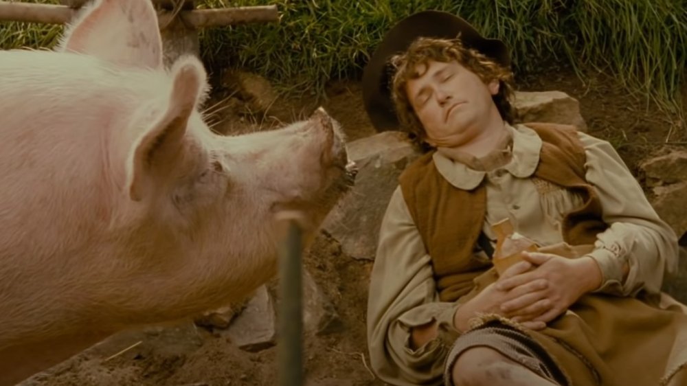 A Hobbit napping beside a pig in The Lord of the Rings