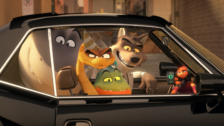 The Bad Guys smiling while looking out of their car's side window