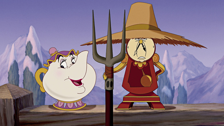 Mrs. Potts and Cogsworth dressed as farmers