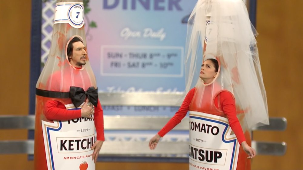 Adam Driver and Cecily Strong in ketchup costumes on Saturday Night Live