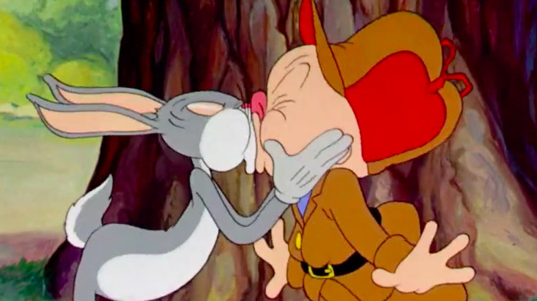 Bugs Bunny kissing Elmer Fudd