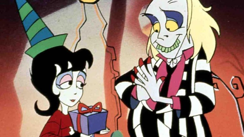 Beetlejuice and Lydia with present