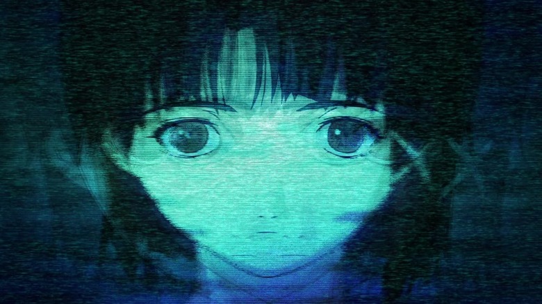 Glitchy blue Lain staring ahead