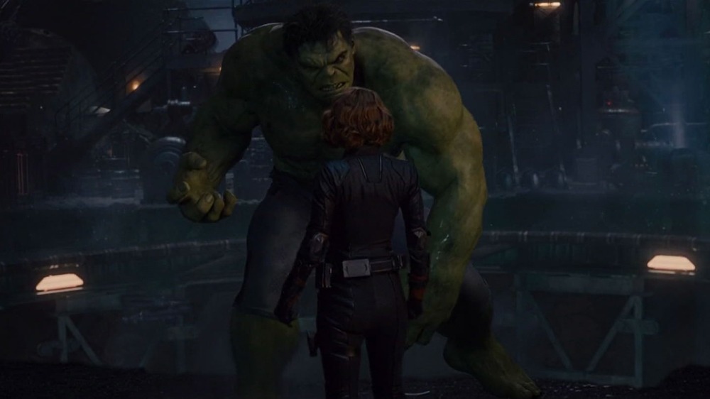 Mark Ruffalo as the Hulk and Scarlett Johansson as Natasha Romanoff in Avengers: Age of Ultron