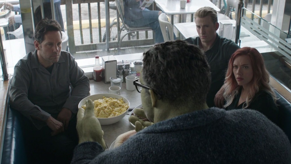 Paul Rudd as Scott Lang, Mark Ruffalo as the Hulk, Chris Evans as Steve Rogers, and Scarlett Johansson as Natasha Romanoff in Avengers: Endgame