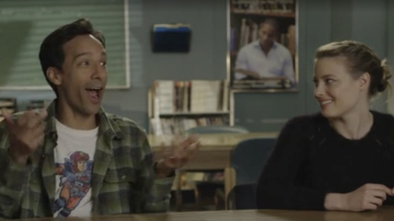 Danny Pudi and Gillian Jacobs laughing Community blooper