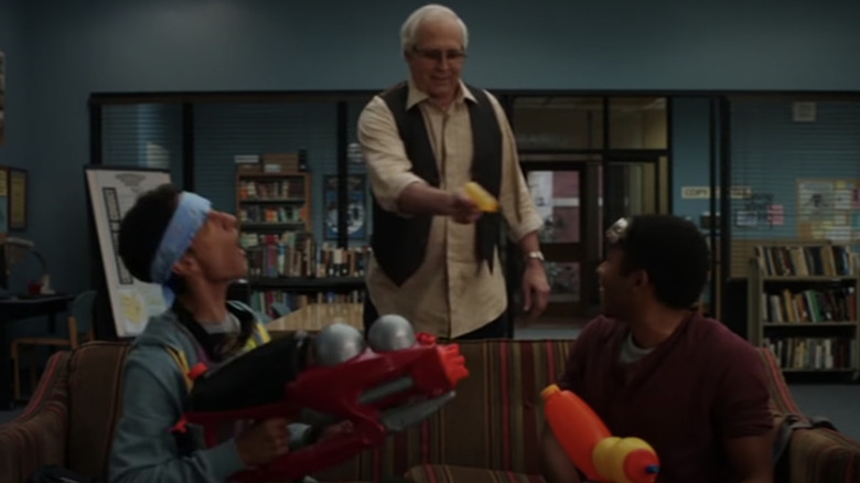 Chevy Chase squirts Danny Pudi and Donald Glover Community blooper