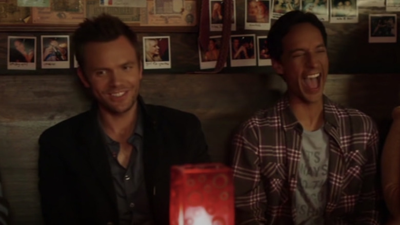 Joel McHale and Danny Pudi in bar Community blooper