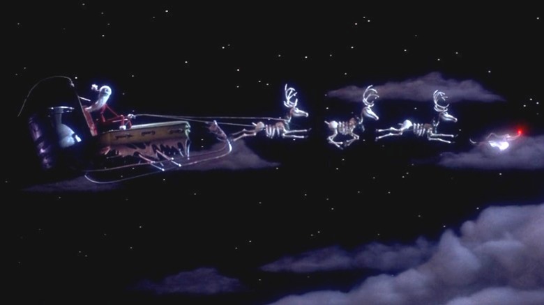 Jack Skellington on the flying sleigh being pulled by skeletal reindeer in The Nightmare Before Christmas (1993)