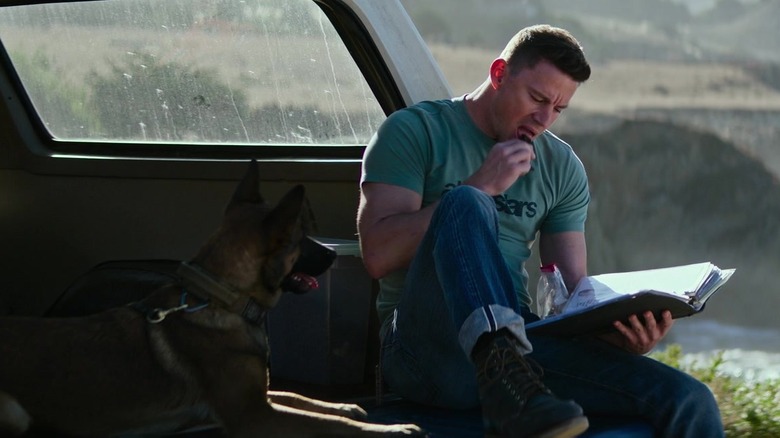 Channing Tatum reading with his dog