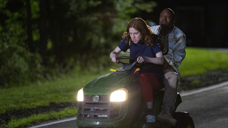 Kimmy Schmidt on lawnmower