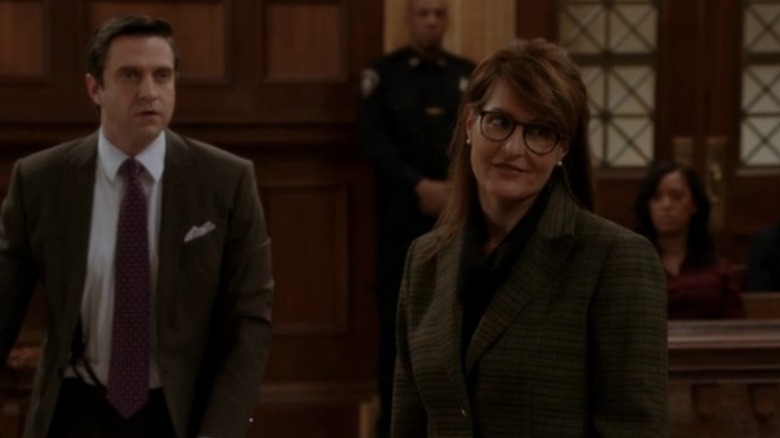 Raúl Esparza and Nia Vardalos in courtroom