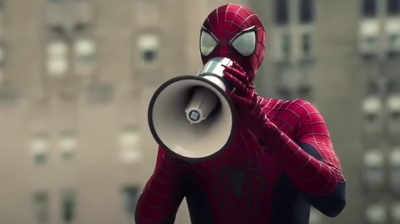 Spider-Man speaks into megaphone