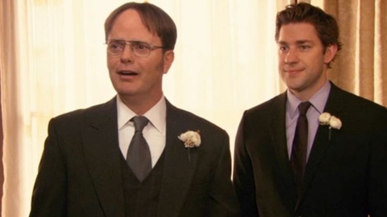 Dwight and Jim wearing suits