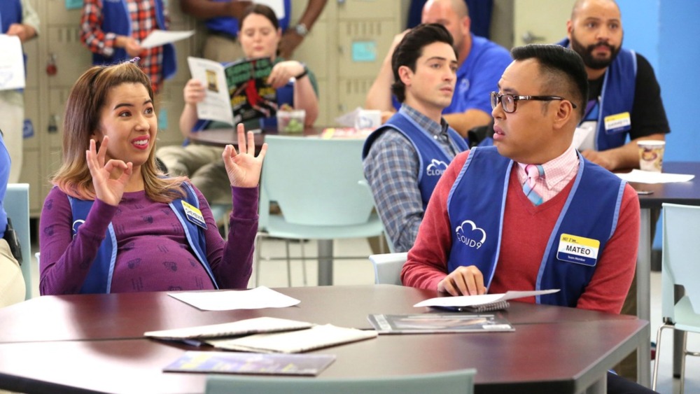 Superstore Mateo and Cheyenne at a breakroom table