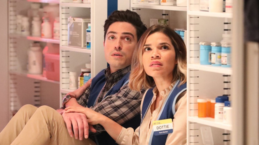 Superstore America Ferrera and Ben Feldman sit in pharmacy