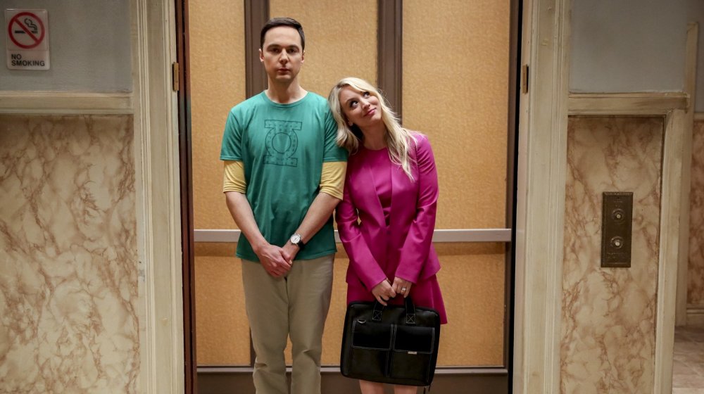 Jim Parsons and Kaley Cuoco in the now-working elevator on The Big Bang Theory