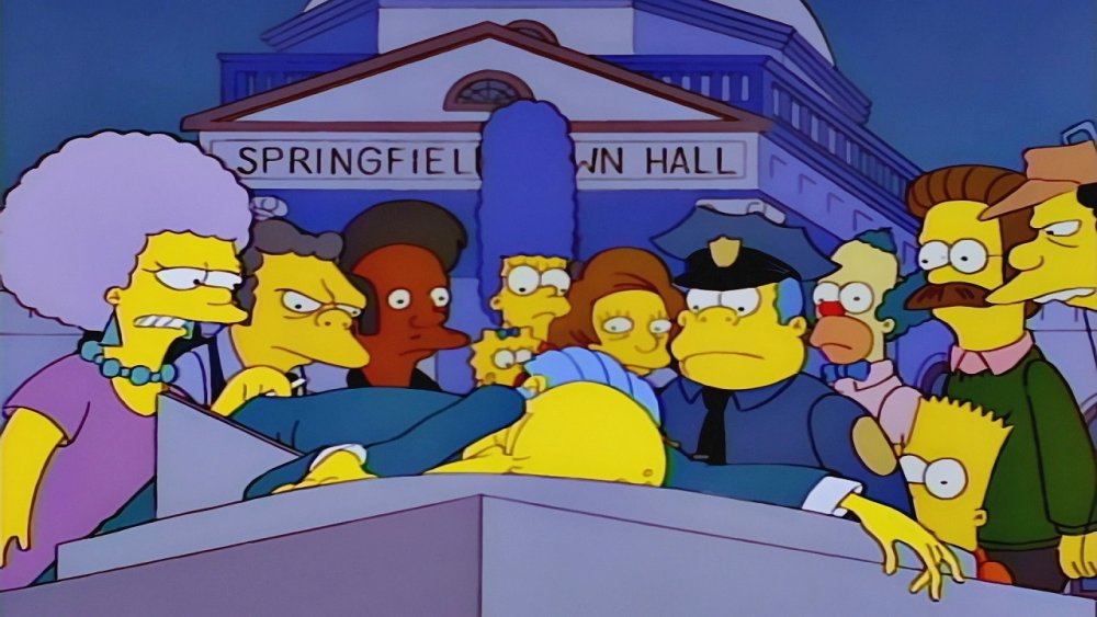 The residents of Springfield in The Simpsons S06E25 "Who Shot Mr. Burns? Part One"