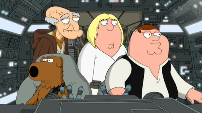 The "Family Guy" cast in the Millennium Falcon