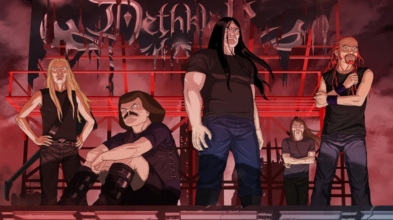 Dethklock stand in front of a billboard in "Metalocalypse"