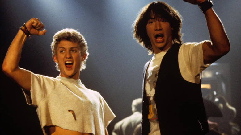 Bill and Ted cheer on stage in "Bill and Ted's Excellent Adventure" (1989(