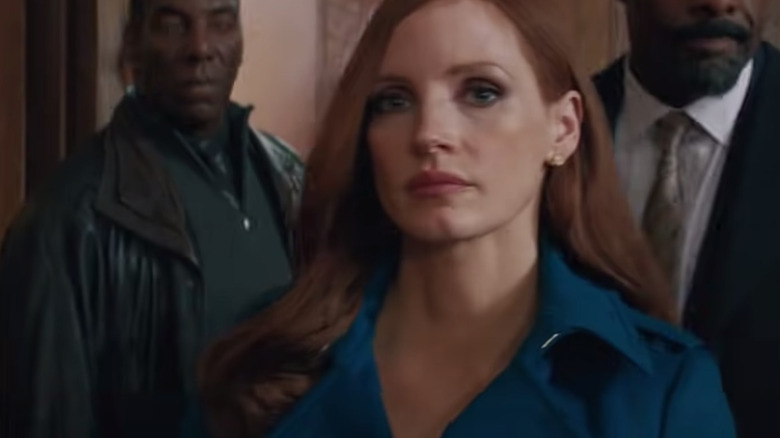 Jessica Chastain in blue coat Molly's Game