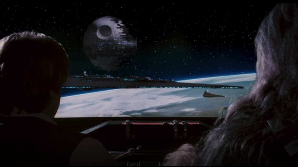 Han and Chewie look out over the Death Star