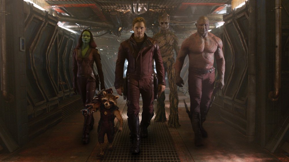 Zoe Saldana, Chris Pratt, and Dave Bautista in Guardians of the Galaxy