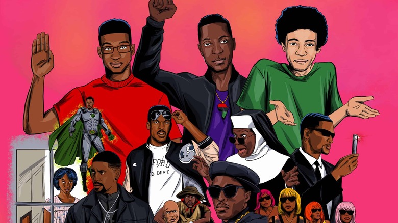 Cartoon of "Black Men Can't Jump (in Hollywood)" hosts