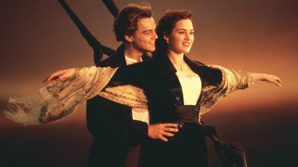 Kate Winslet and Leonardo DiCaprio as Rose and Jack in their famous pose in Titanic