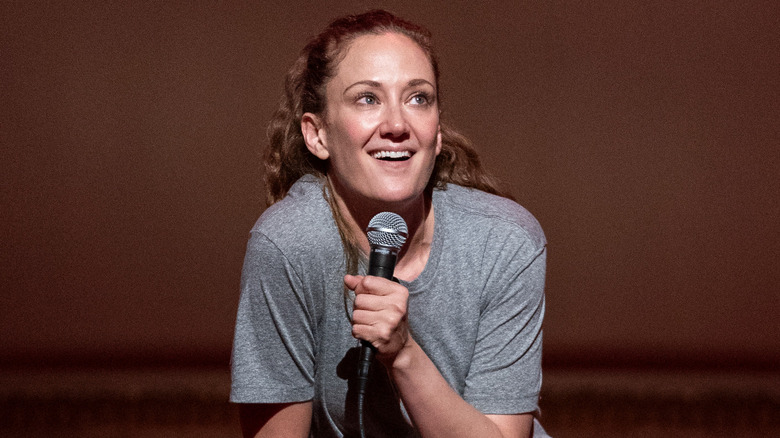 Jacqueline Novak performing physical comedy in her stand-up special Get on Your Knees