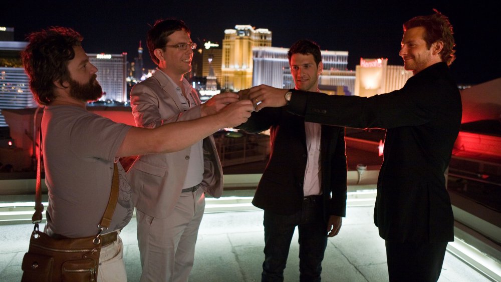 Zach Galifianakis, Ed Helms, Justin Bartha and Bradley Cooper in The Hangover 