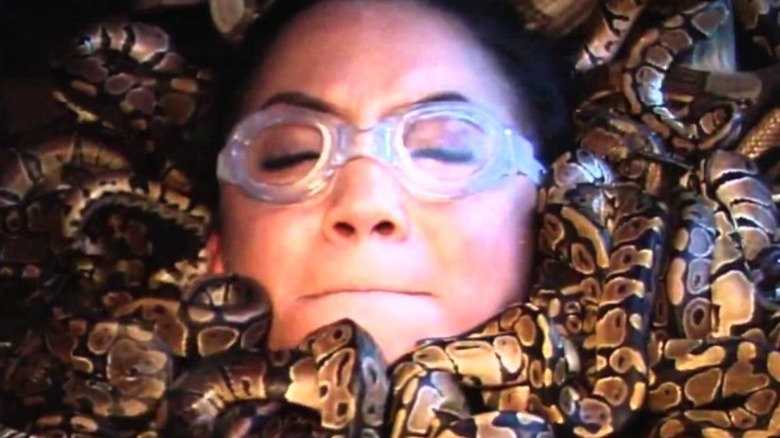 A Fear Factor contestant surrounded by snakes.