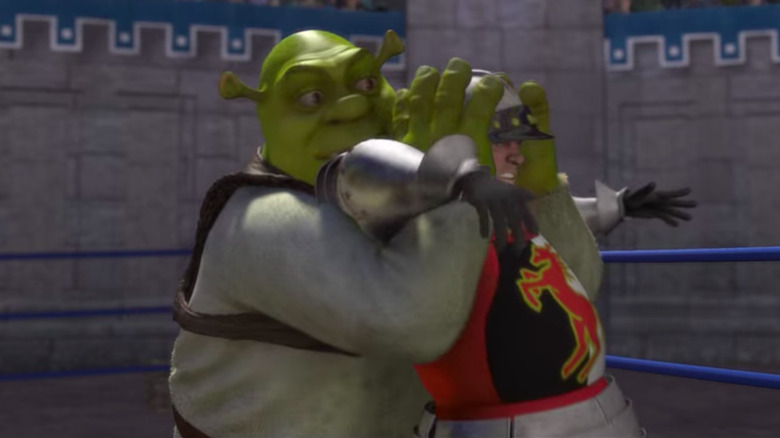 Shrek wrestling a knight