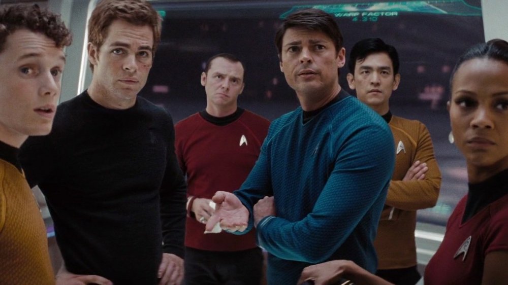 Anton Yelchin, Chris Pine, Simon Pegg, Karl Urban, John Cho, and Zoe Saldana in Star Trek