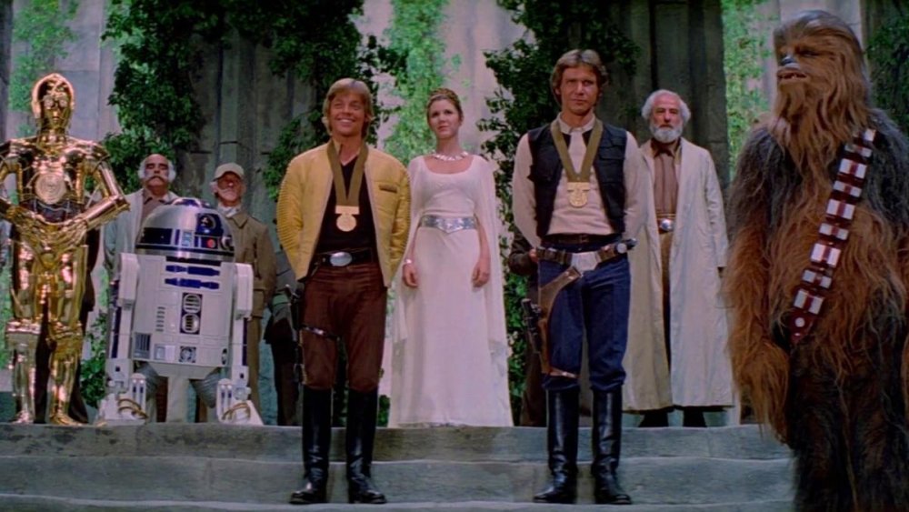 Mark Hamill, Carrie Fisher, and Harrison Ford in Star Wars Episode IV: A New Hope