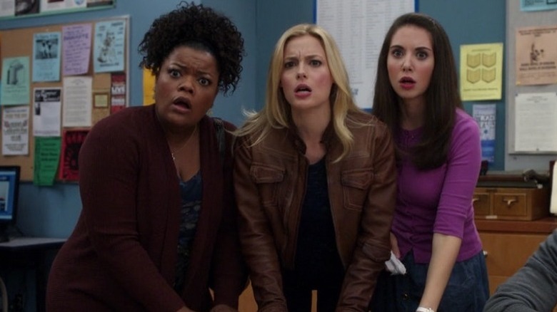 Shirley, Britta, and Annie react with shock