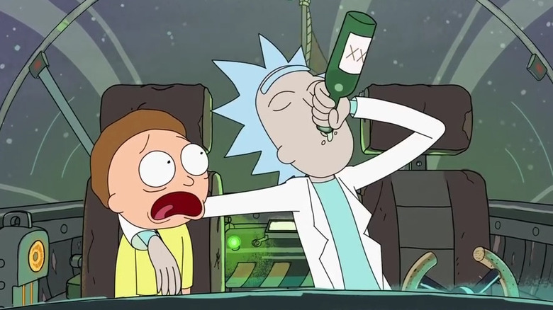 Rick drinking while flying his spaceship