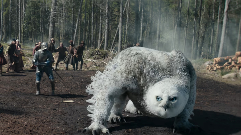 Doric as an owlbear, surrounded by soldiers